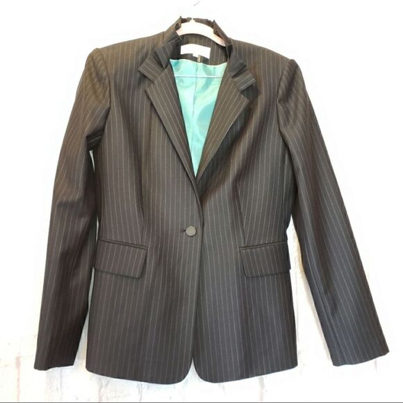 CALVIN KLEIN PINSTRIPE RUFFLED COLLAR CLASSIC BLAZER - Picture 1 of 10